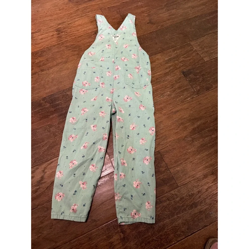 OshKosh Bgosh Girls 5T Floral Denim Overalls Mint Green Pink Flower 6N741810